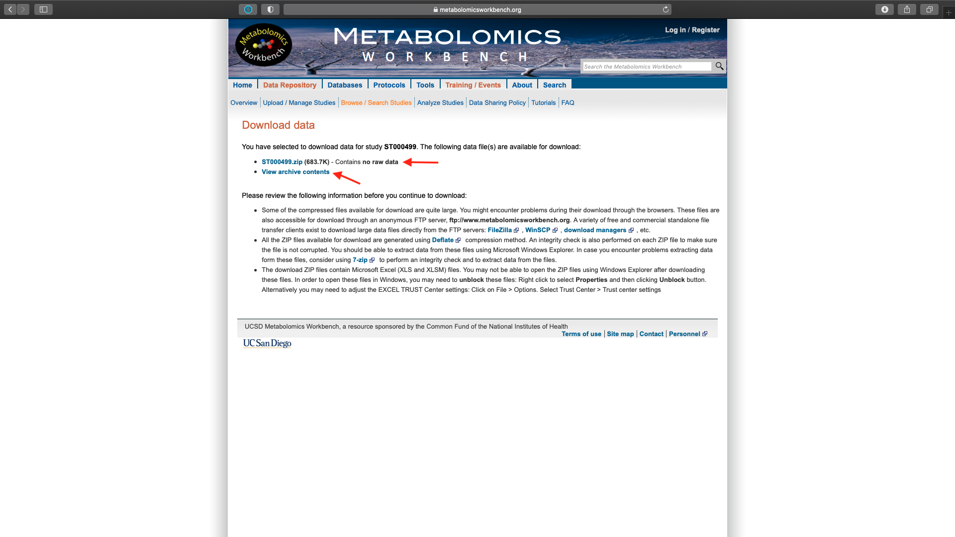 Metabolomics data download