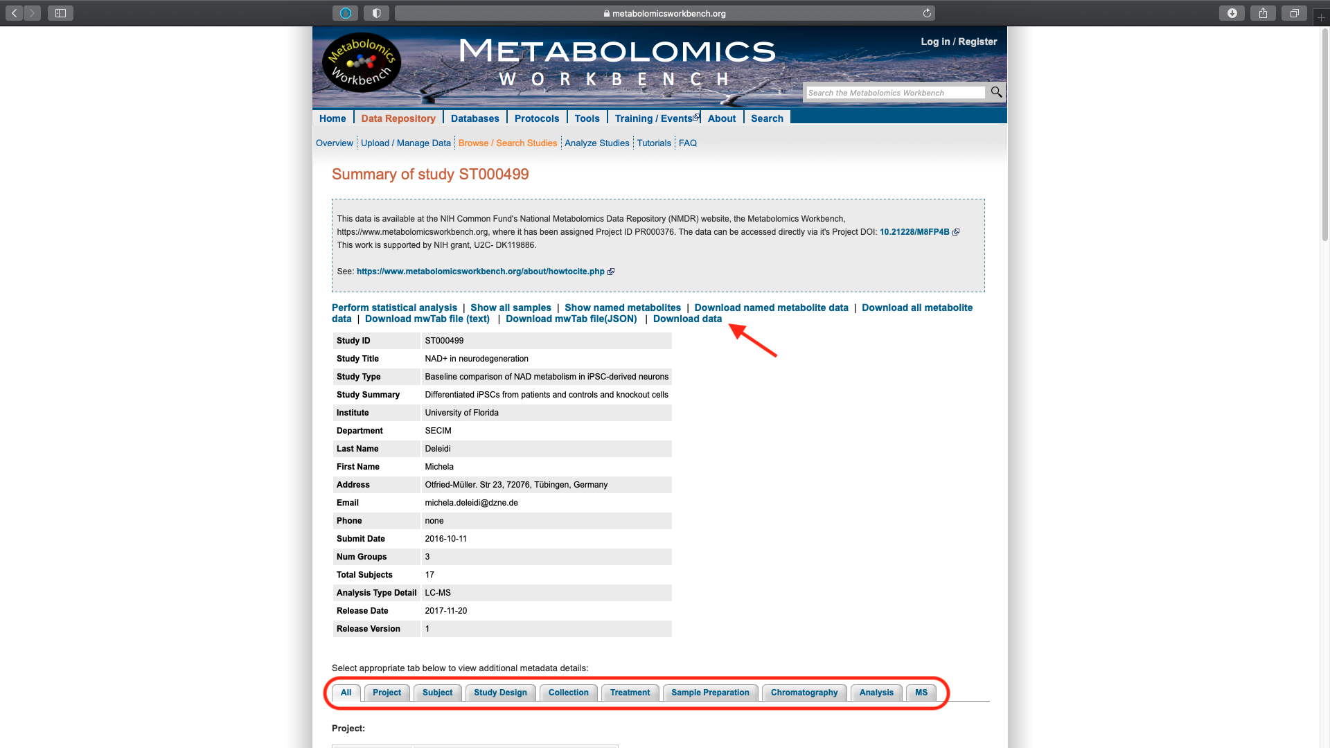 Metabolomics Workbench summary