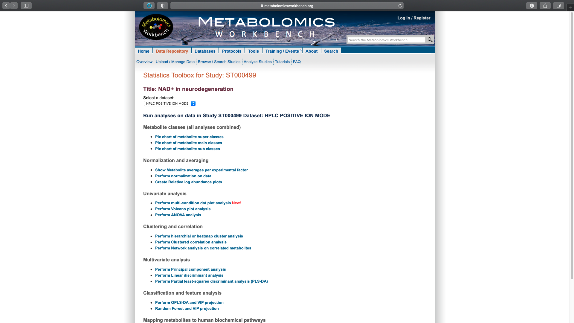 Metabolomics statistical tests